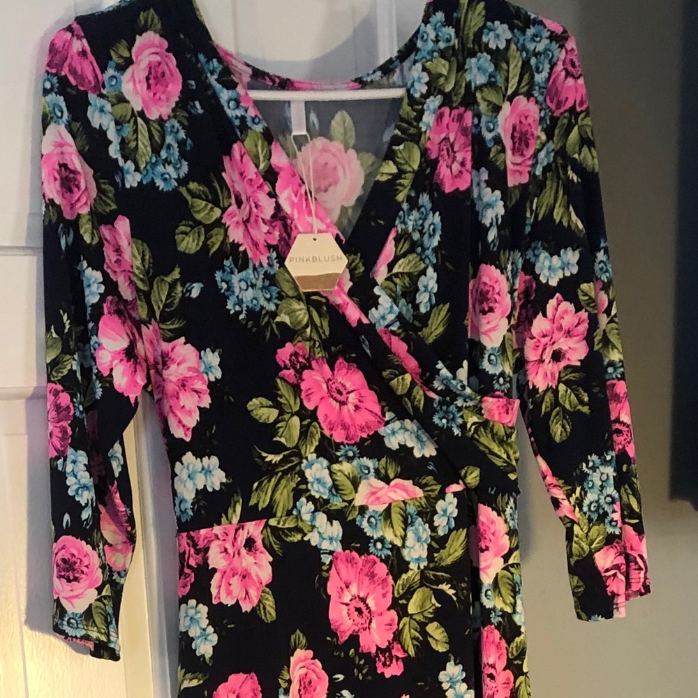 Pink Blush navy floral maxi faux wrap dress w/ tie